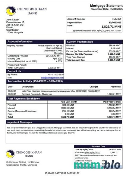 Mongolia Chinggis Khaan Bank wyciąg z kredytu hipotecznego szablon Word i PDF